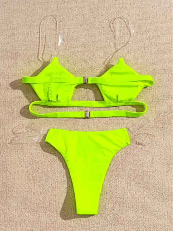 Two-piece Set Women's Solid Color Transparent Straps Cut Out Bikinis Set, Casual Fashion Bikini Top & Swim Thong Swimsuit Set, Chic Swimwear for Beach Holiday Vacation, Ladies Summer Clothes