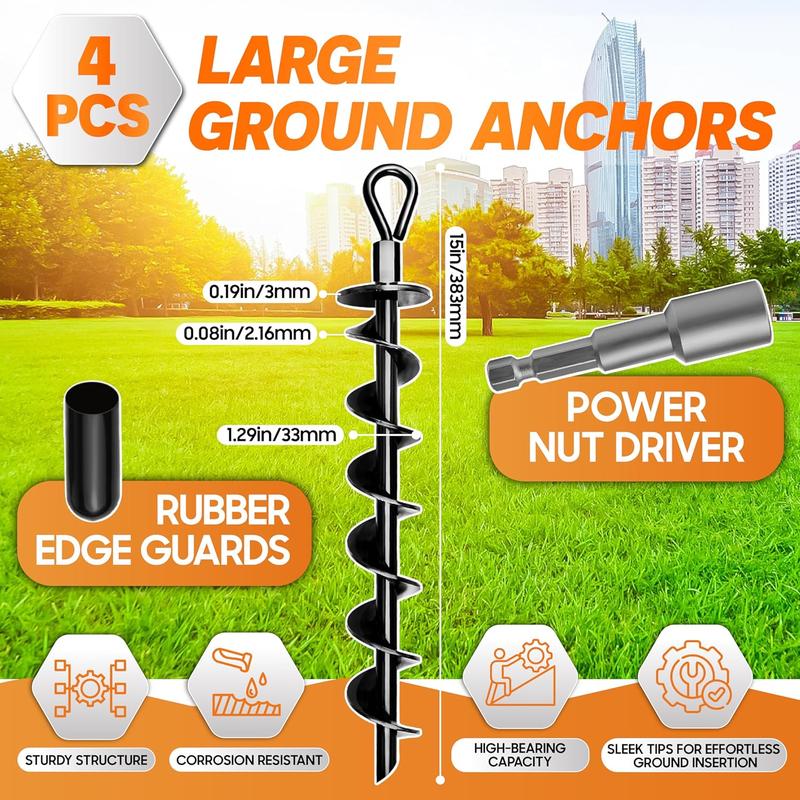 [Premium] 4 Pack Ground Anchors with Power Nut Driver Drill Bit, Ground Anchors Screw in, Swing Set Anchors, Trampoline Anchors High Wind Heavy Duty for Camping Tents,  Ports, Swing Sets, Canopies