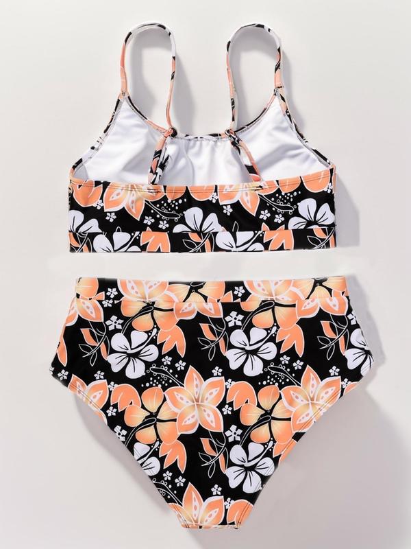 Two-Piece Set Women's Floral Print Swimsuit Sets, Summer Clothes Women, Bathing Suits, Casual Adjustable Strap Swim Top & High Waist Swim Bottoms for Women, Women's Summer Tummy Control Swimwear for Summer Beach Holiday, Bikini Sets