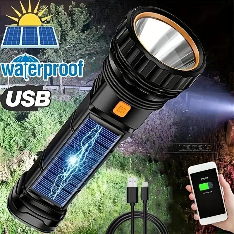 LED Solar Flashlight, USB Rechargeable Waterproof Outdoor Flashlight, Camping Accessories, Outdoor Essential Items, Camping Gear