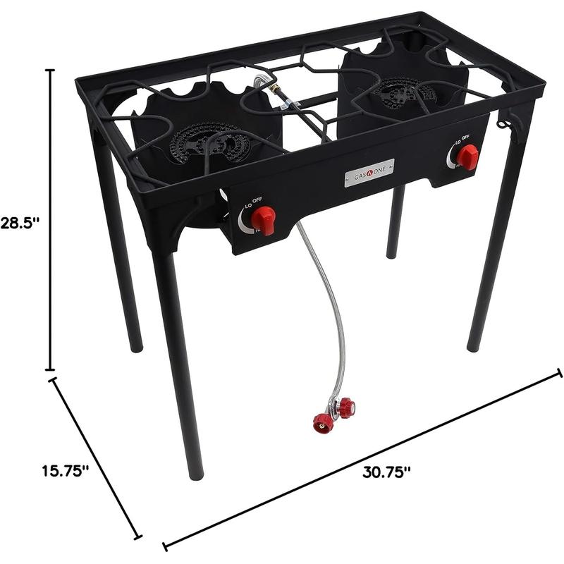 Gas One Propane Double Burner Two Burner Camp Stove Outdoor High Pressure Propane 2 Burner Adjustable PSI Regulator and 4ft Steel Braided Hose With Removable Legs