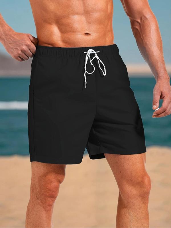 Men Swim Trunks, Men's Solid Drawstring Waist Beach Shorts, Gym Shorts, Regular Fit Casual Pocket Swim Shorts for Summer, Men's Swimwear for Beach Vacation