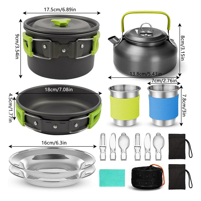 Outdoor Camping Cookware Set, 15pcs set Lightweight Cookware, Including Cooking Pot, Kettle, Stainless Steel Cup, Plate, Fork, Knife, Spoon and Storage Bag