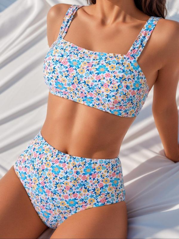 Women's Ditsy Floral Print Padded Bikini Set, Casual Adjustable Strap Swim Bra & High Waist Swim Panty, Ladies Swimwear for Summer Beach Holiday, Back To School Bikini Sets for Women, Bathing Suits Women, Summer Outfits 2024