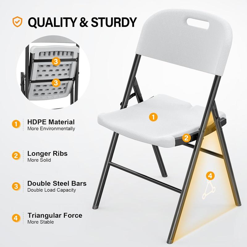 VINGLI Folding Chairs, Heavy Duty Foldable Chair Portable HDPE Plastic Seat with Steel Frame for Indoor Outdoor Dinning Party Wedding School Use, White, 4 Pack