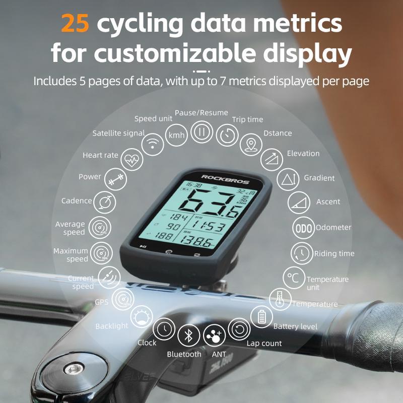 ROCKBROS Bike Computer Wireless Cycling Computers ANT+ Bluetooth Bicycle Computer Mini Speedometer Odometer Waterproof 2.9inch LCD Screen GPS BDS Galileo Position System