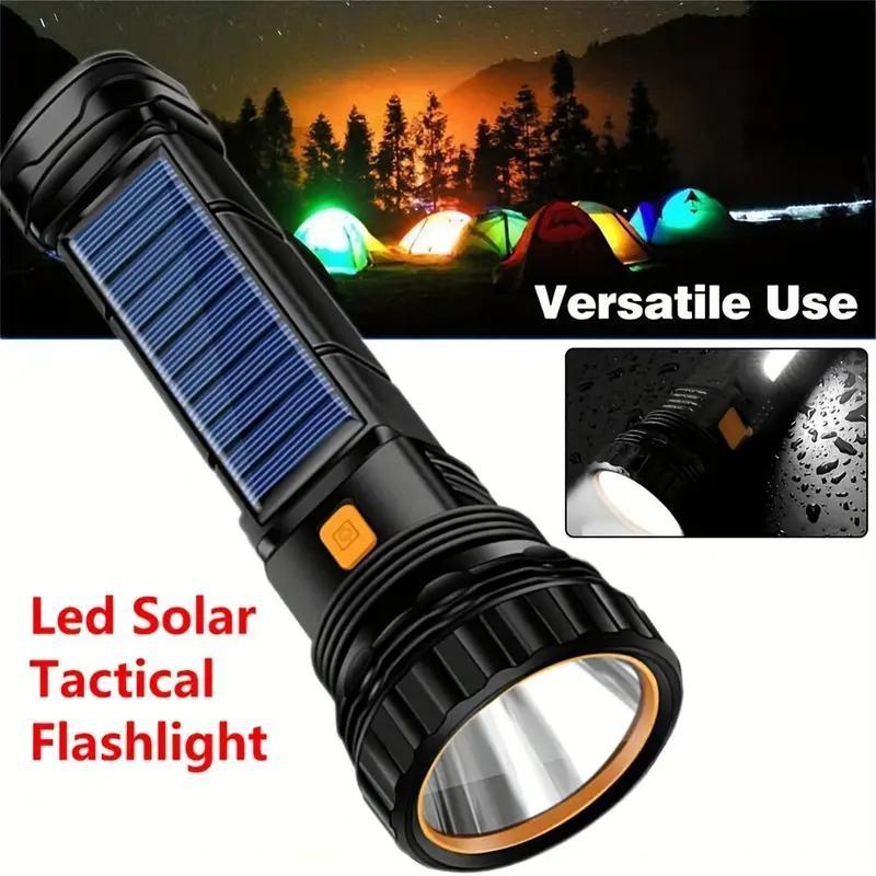 LED Solar Flashlight, USB Rechargeable Waterproof Outdoor Flashlight, Camping Accessories, Outdoor Essential Items, Camping Gear