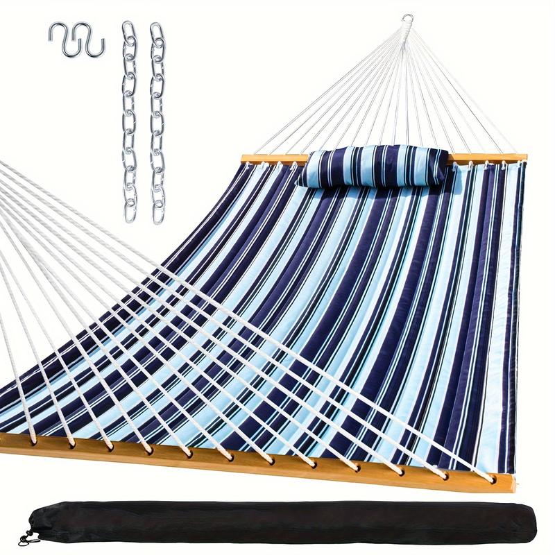 SZHLUX Outdoor Quilted Fabric Hammock With Spreader Bars And Detachable Pillow And Chains, Outdoor Patio Backyard Poolside, 450 LBS Weight Capacity, Catalina Beach