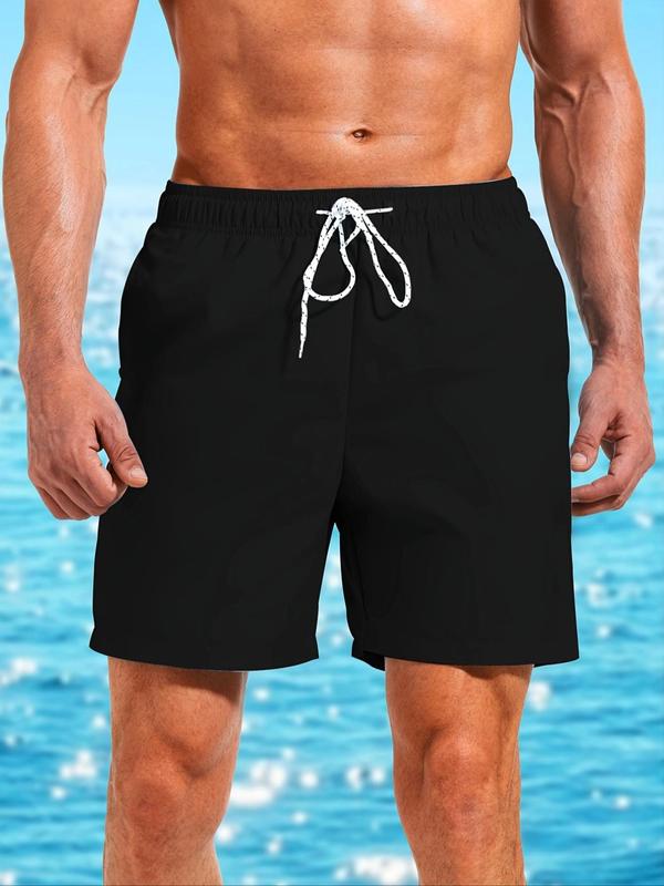 Men Swim Trunks, Men's Solid Drawstring Waist Beach Shorts, Gym Shorts, Regular Fit Casual Pocket Swim Shorts for Summer, Men's Swimwear for Beach Vacation