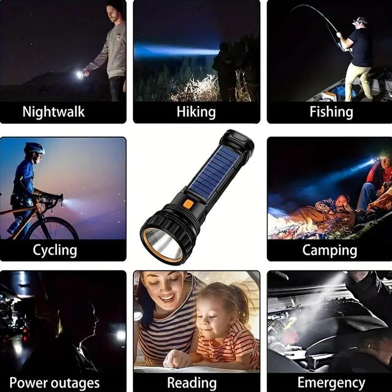 LED Solar Flashlight, USB Rechargeable Waterproof Outdoor Flashlight, Camping Accessories, Outdoor Essential Items, Camping Gear