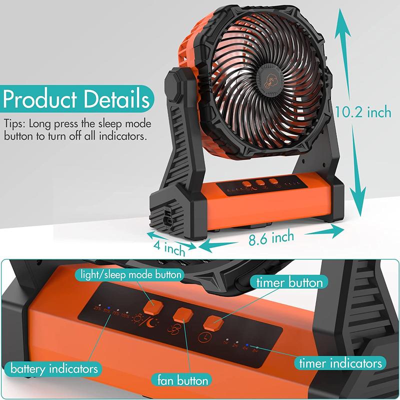 3 Speeds Camping Fan with LED Lantern, 10000mAh Rechargeable Battery Operated Outdoor Tent Fan with Light & Hook, Personal USB Desk Fan for Camping, Power Outage, Hurricane, Jobsite