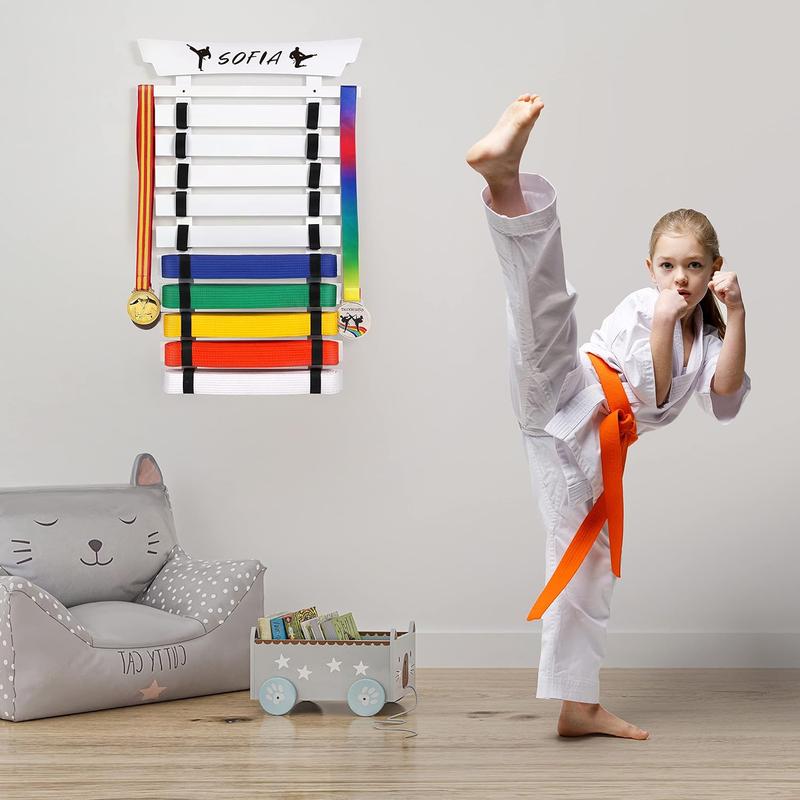 10 Belts Karate Belt Display Rack with Stickers, Taekwondo Belt Display Holder, Martial Arts Belt Display, No Assembly Required, BJJ Hanging Holder for  and Adult