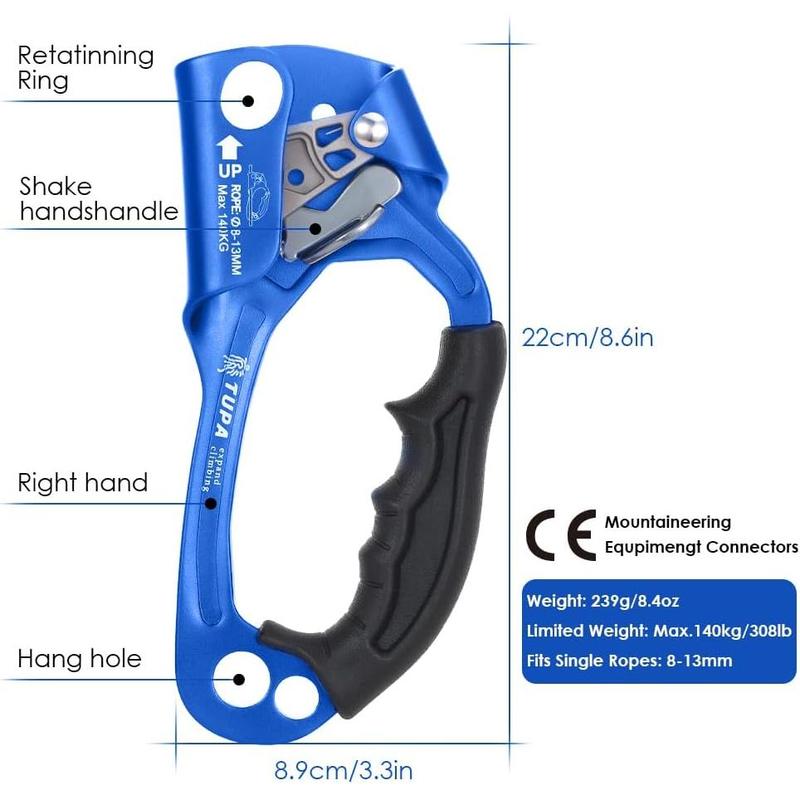 Climbing Hand Ascender 8-13mm Vertical Rope Access with  Rubber Handle CE Certified  Rappelling Gear Equipment for Rock Climbing Tree Arborist, Rescue Caving