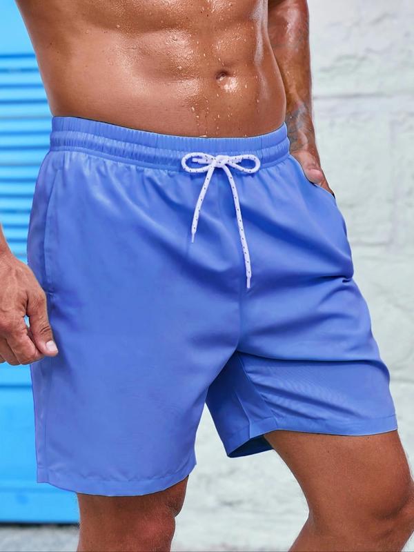 Men Swim Trunks, Men's Solid Drawstring Waist Beach Shorts, Gym Shorts, Regular Fit Casual Pocket Swim Shorts for Summer, Men's Swimwear for Beach Vacation