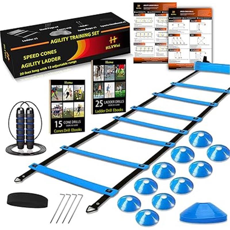 Speed Agility Training Set, Includes 1 Agility Ladder, 4 Steel Stakes, 1 Sports Headband,1 Jump Rope, 10 Disc Cones and Gym Carry Bag - Speed Training Equipment for Soccer Football Basketball, Agility Exercises