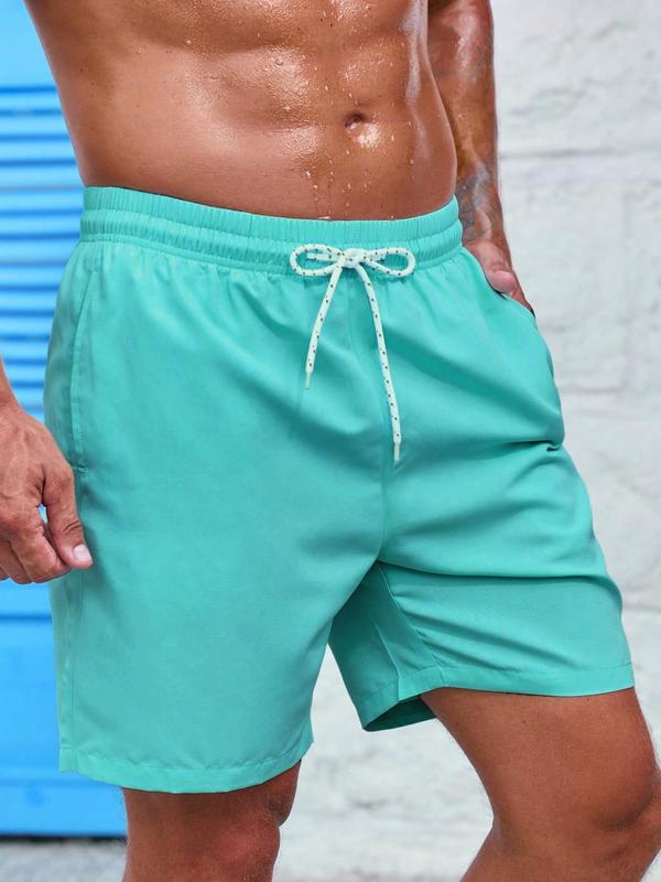 Men Swim Trunks, Men's Solid Drawstring Waist Beach Shorts, Gym Shorts, Regular Fit Casual Pocket Swim Shorts for Summer, Men's Swimwear for Beach Vacation