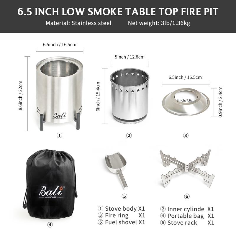 BALI OUTDOORS Smokeless Fire Pit, 6.5-Inch Turbo Flame Tabletop Fire Pit, Stainless Steel, Adjustable Flame,  with Stand and Stove Rack, Carry Bag