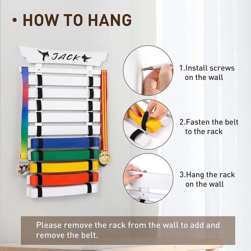 10 Belts Karate Belt Display Rack with Stickers, Taekwondo Belt Display Holder, Martial Arts Belt Display, No Assembly Required, BJJ Hanging Holder for  and Adult