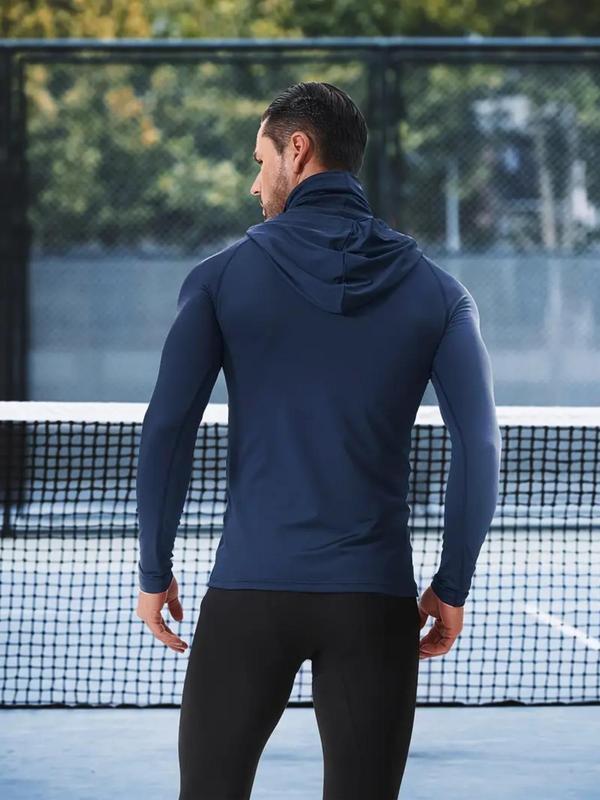 Men's Solid Long Sleeve Hooded Sports Tee, Hoodie with Face Mask, Quick Drying Breathable Comfortable Sports Top, Men's Sportswear Clothing for Outdoor Activities