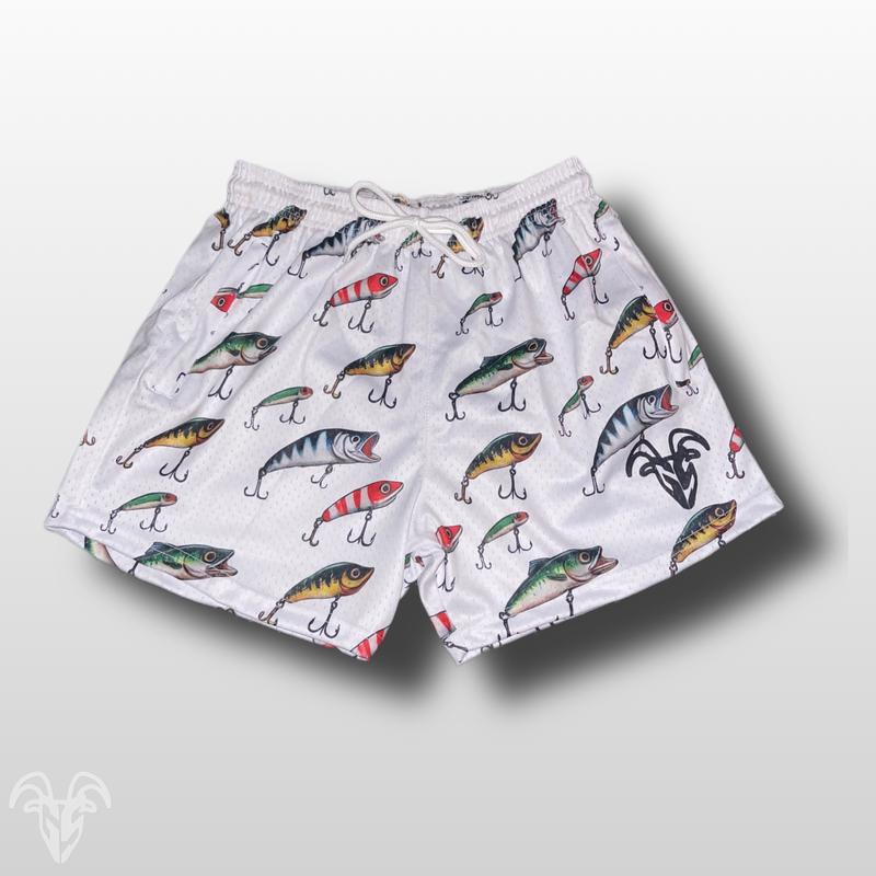 Goat Strength Fishing Lure Themed Mesh Gym Shorts - 5 inch inseam shorts with graphic design and zipper pockets