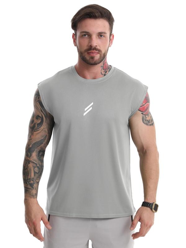 Men's Striped Print Round Neck Sports Vest, Regular Fit Sporty Breathable Sleeveless Tank Top for Gym Workout Running, Casual Sporty Top for Summer