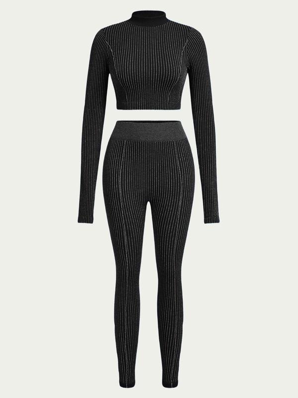 Two-Piece Set Women's Solid Color Mock Neck Crop Top & High Waist Leggings Sportswear Set, Sporty Breathable Comfy Outfits for Yoga Gym Workout Running, Ladies Sportswear for All Seasons