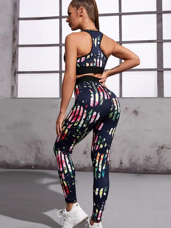 Women's Floral & Striped Print Tracksuit Set, Sporty Scoop Neck Crop Tank Top & High Waist Leggings, Workout Gym Yoga Clothes Set