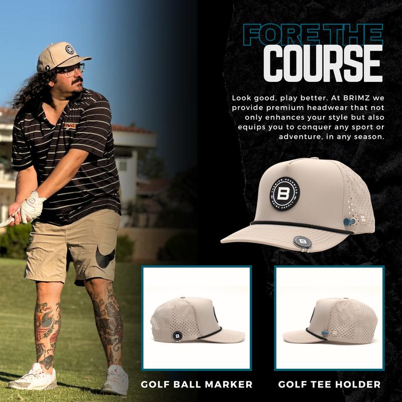 BRIMZ Golf Performance Hat - Breathable Sweat & Water Resistant Golfing Snapback Cap with Tee Holder & Magnetic Ball Marker (Tan - Brimz)