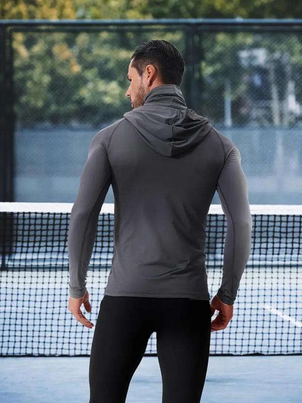 Men's Solid Long Sleeve Hooded Sports Tee, Hoodie with Face Mask, Quick Drying Breathable Comfortable Sports Top, Men's Sportswear Clothing for Outdoor Activities