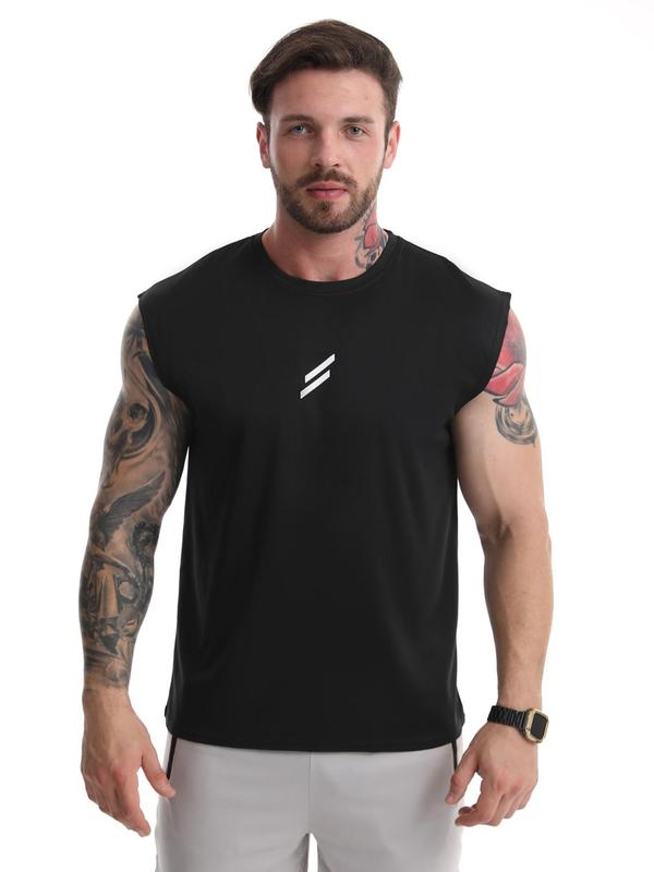 Men's Striped Print Round Neck Sports Vest, Regular Fit Sporty Breathable Sleeveless Tank Top for Gym Workout Running, Casual Sporty Top for Summer