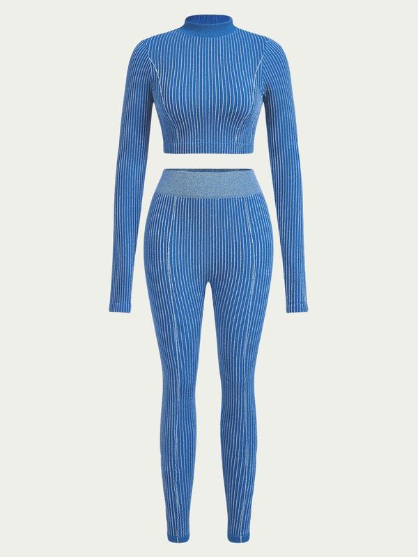 Two-Piece Set Women's Solid Color Mock Neck Crop Top & High Waist Leggings Sportswear Set, Sporty Breathable Comfy Outfits for Yoga Gym Workout Running, Ladies Sportswear for All Seasons