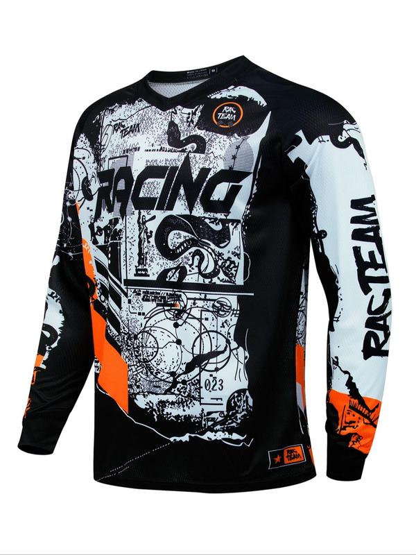 Men's Colorblock & Letter Graphic Print V Neck Sports Tee, Regular Fit Sporty Long Sleeve T-Shirt for Cycling Riding, Men's Sportswear for All Seasons