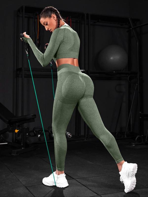 Two-piece Set Sporty Women's Plain Round Neck Crop Top & Ruched High Waist Leggings Tracksuit Set, Sport Comfy Breathable Two-piece Outfits for Yoga Gym Workout Running, Ladies Sportswear for All Seasons, Gym Clothes Set, Matching Sets