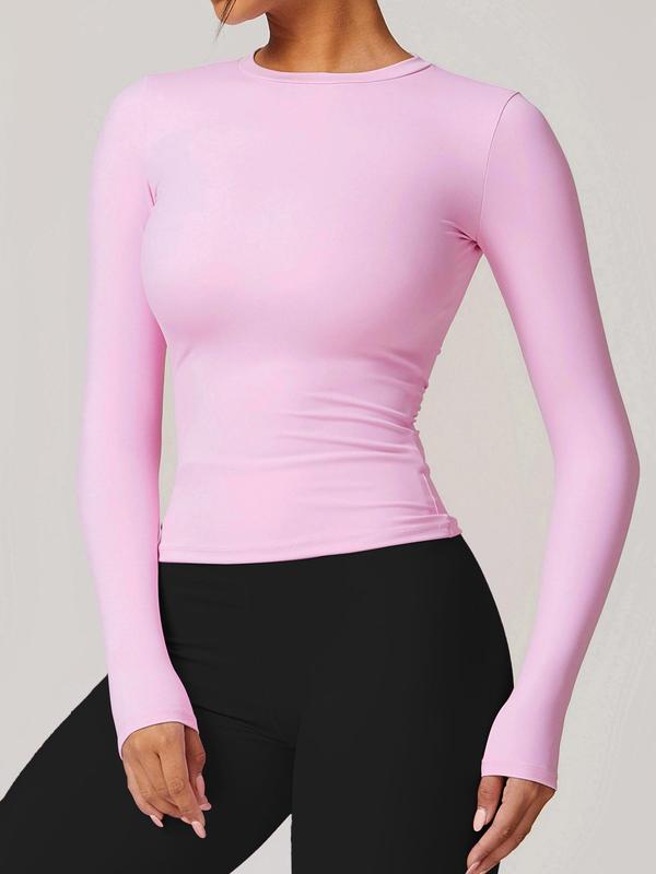 Women's Solid Long Sleeve Sports Tee, Sporty Round Neck T-shirt for Yoga Gym Workout Running Cycling, Ladies Sportswear for Fall