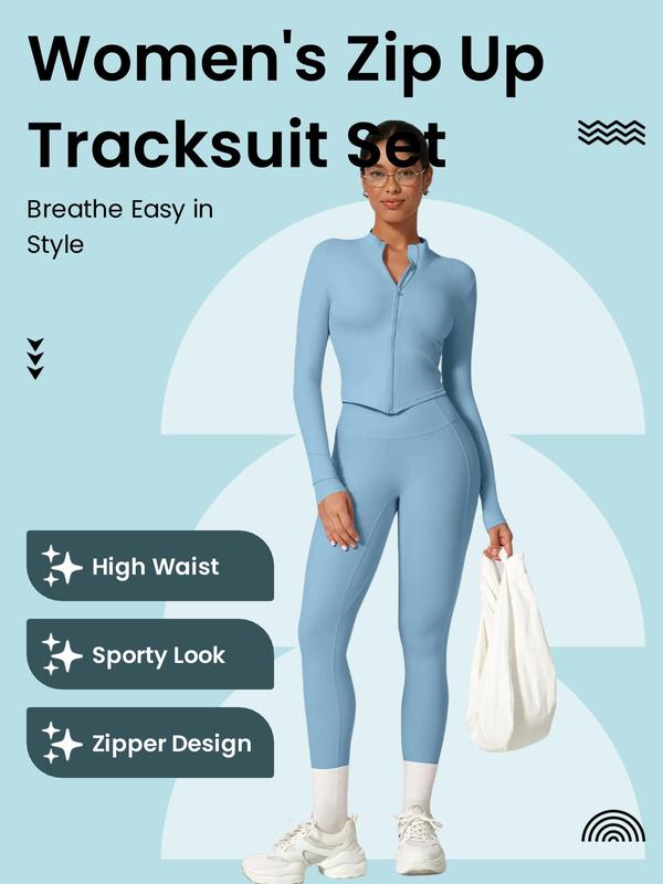 Two-Piece Set Women's Solid Zip Up Jacket & High Waist Leggings Tracksuit Set, Sporty Breathable Comfy Outfits for Yoga Gym Workout Running, Ladies Sportswear for All Seasons