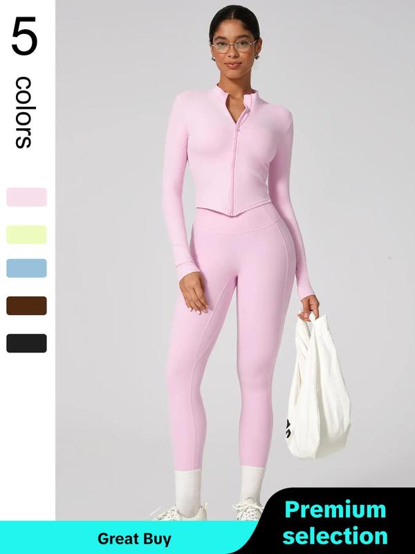 Two-Piece Set Women's Solid Zip Up Jacket & High Waist Leggings Tracksuit Set, Sporty Breathable Comfy Outfits for Yoga Gym Workout Running, Ladies Sportswear for All Seasons