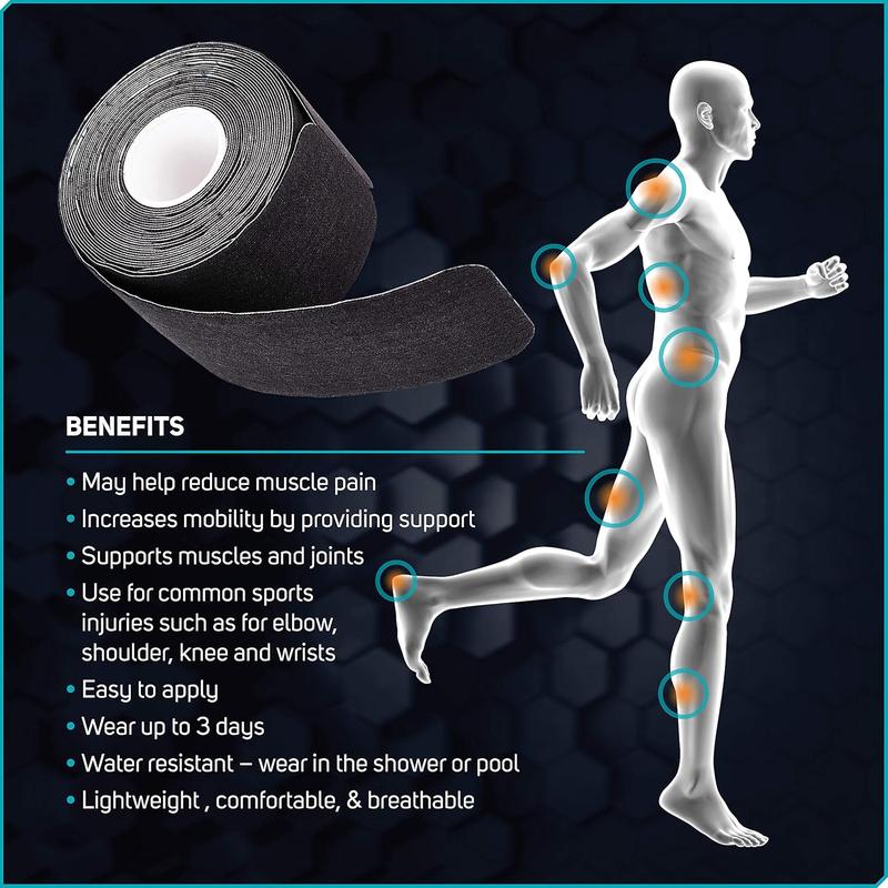 Waterproof Kinesiology Tape, 40 ct Precut Strips (2 Rolls), Black | Elastic Sports & Weightlifting Tape Supports Muscles & Joints. Water Resistant