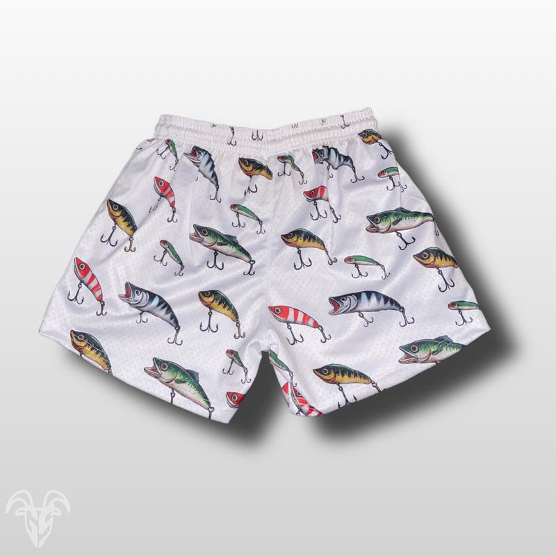 Goat Strength Fishing Lure Themed Mesh Gym Shorts - 5 inch inseam shorts with graphic design and zipper pockets