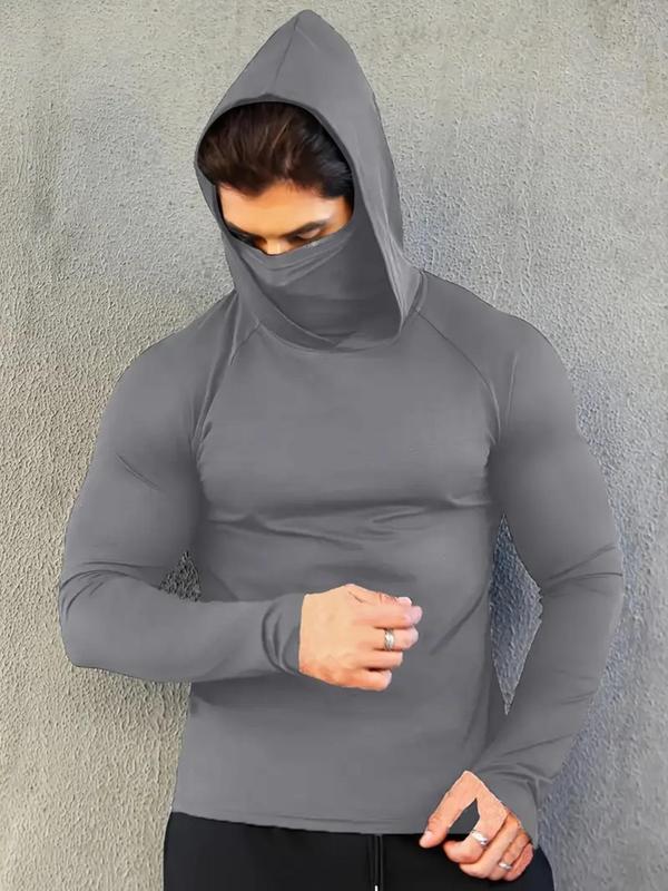 Men's Solid Long Sleeve Hooded Sports Tee, Hoodie with Face Mask, Quick Drying Breathable Comfortable Sports Top, Men's Sportswear Clothing for Outdoor Activities