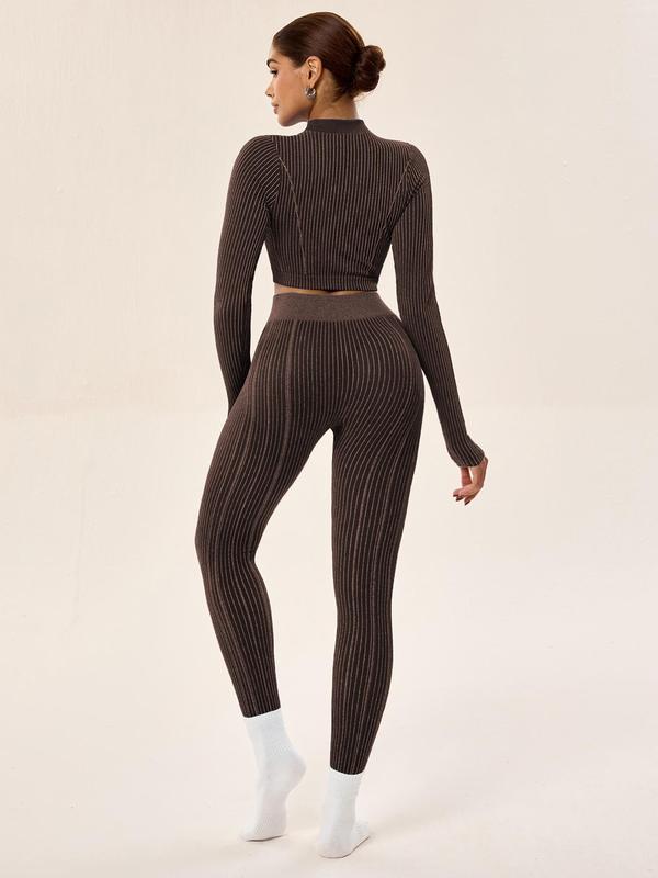 Two-Piece Set Women's Solid Color Mock Neck Crop Top & High Waist Leggings Sportswear Set, Sporty Breathable Comfy Outfits for Yoga Gym Workout Running, Ladies Sportswear for All Seasons