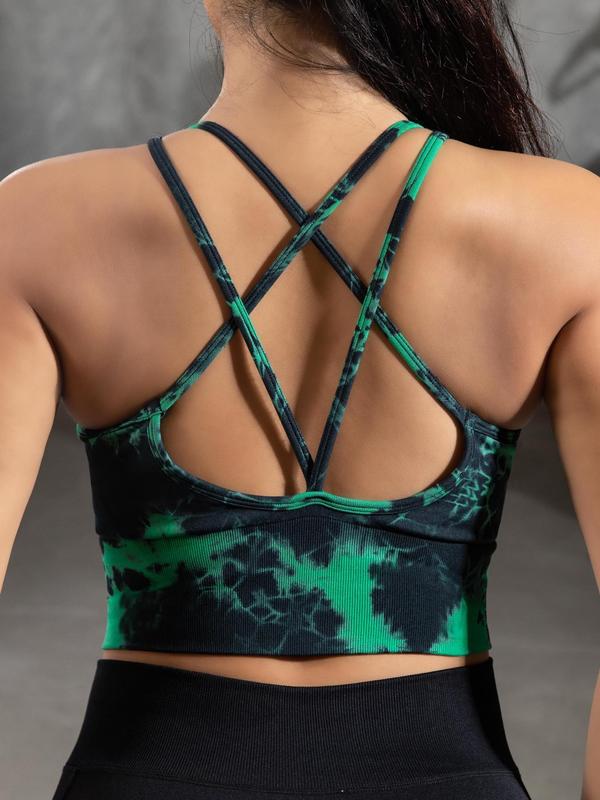  Tie Dye Print Criss Cross Backless Sports Bra for Women, High Stretch Seamless Sports Top for Yoga Gym Workout, Gym Clothes for Women, Women's Sport & Outdoor Clothing for Summer, Bras for Women, Summer Outfits 2024