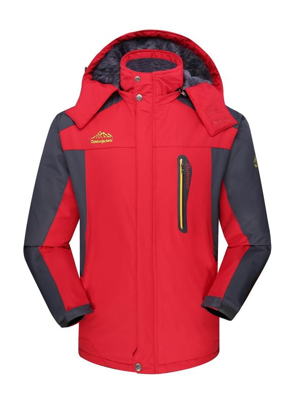 Men's Solid Color Drawstring Pocket Zipper Sports Thermal Lined Jacket, Casual Long Sleeve Button Outerwear for Fall & Winter, Men's Sportswear for Outdoor Activities