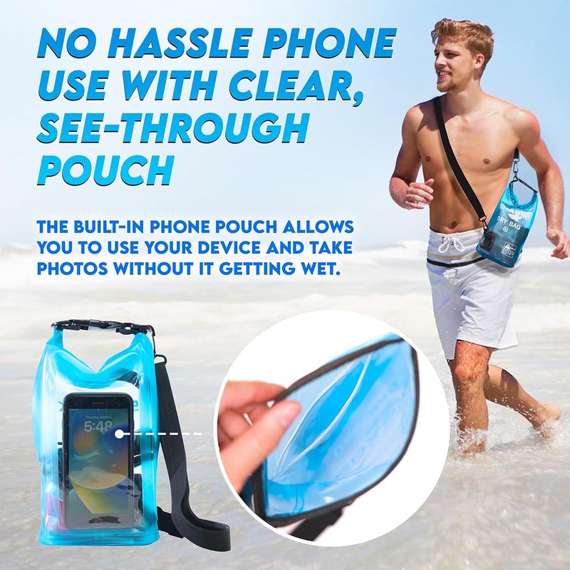 SandShark 3L Waterproof Dry Bag - Beach Bag with Clear Phone Case Pouch, Roll Top Sack for Boating, Rafting, Hiking, Camping, Fishing - Travel Essentials, Boat, Kayak Accessories (3L)