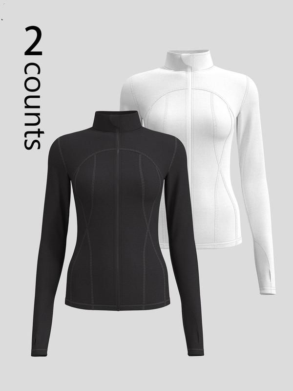 Women's Solid Zip Up Thumb Hole Design Sports Jacket, Breathable Comfortable Skinny Sports Outerwear for Yoga Gym Workout, Ladies Sportswear for All Seasons