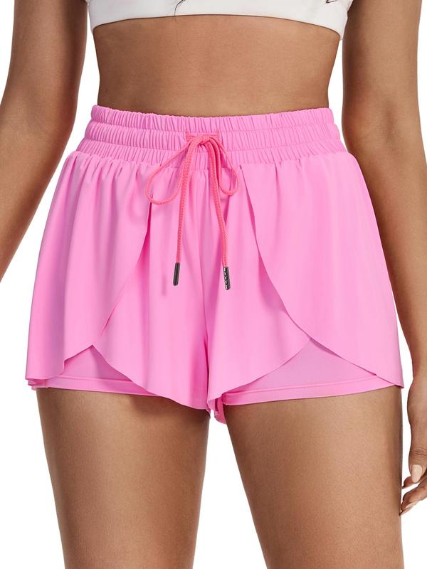 Women's Solid 2 IN 1 Drawstring Waist Wrap Pocket Sports Gym Shorts, Sporty Casual High Waist Shorts for Gym Yoga Workout Tennis, Ladies Sports Shorts