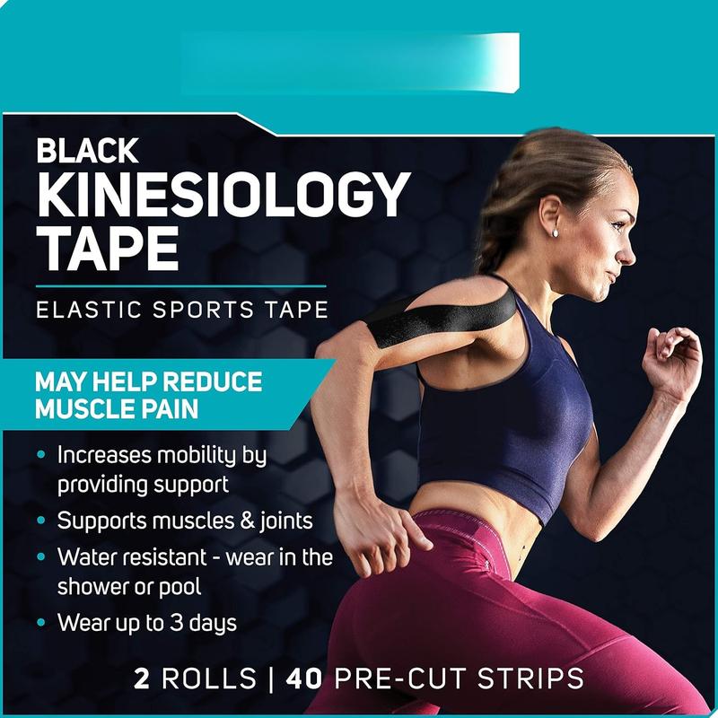 Waterproof Kinesiology Tape, 40 ct Precut Strips (2 Rolls), Black | Elastic Sports & Weightlifting Tape Supports Muscles & Joints. Water Resistant