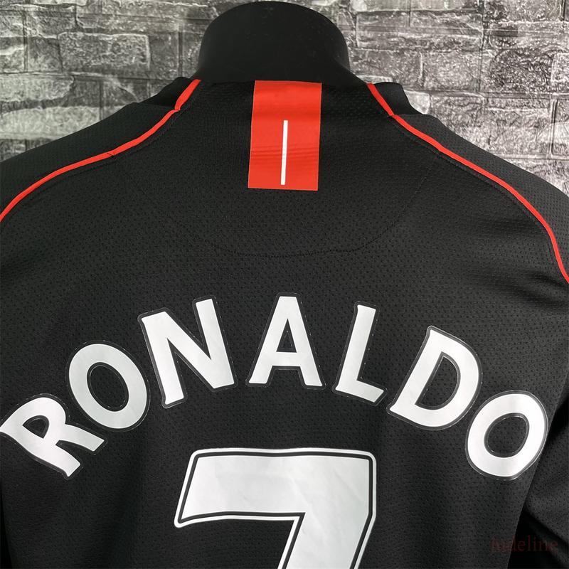 CR7 Ronaldo Away Retro Soccer Jersey Black Fans Version Long Sleeve Shirt 07 08