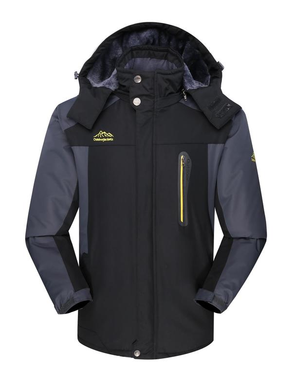 Men's Solid Color Drawstring Pocket Zipper Sports Thermal Lined Jacket, Casual Long Sleeve Button Outerwear for Fall & Winter, Men's Sportswear for Outdoor Activities