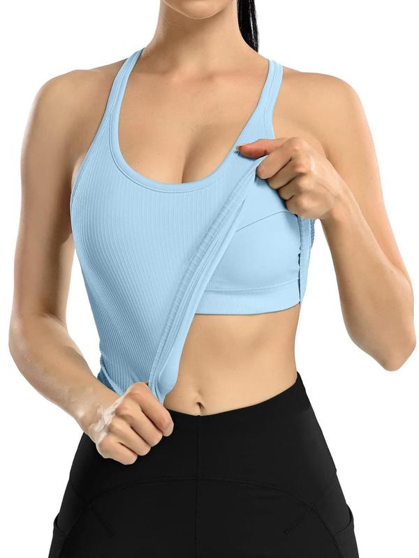 Sporty Women's Plain U Neck Padded Sports Tank Top, Summer Outfits, Sport Casual Sleeveless Top for Yoga Gym Workout, Running Vest, Women Sport & Outdoor Clothing for Summer, Gym Clothing, Summer Outfits 2024