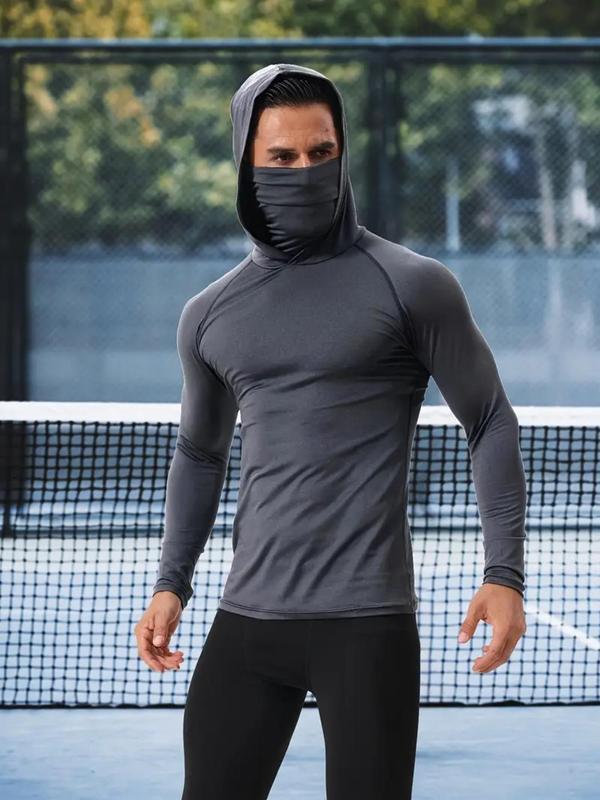 Men's Solid Long Sleeve Hooded Sports Tee, Hoodie with Face Mask, Quick Drying Breathable Comfortable Sports Top, Men's Sportswear Clothing for Outdoor Activities